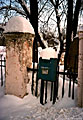 Snow scene with mailbox at the entrance of Sukhanovo, the former estate of the Volkhonsky Princes. 