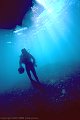 Scua diver approaches dive boat, Isla San Pedro Nolasco, Sea of Cortez